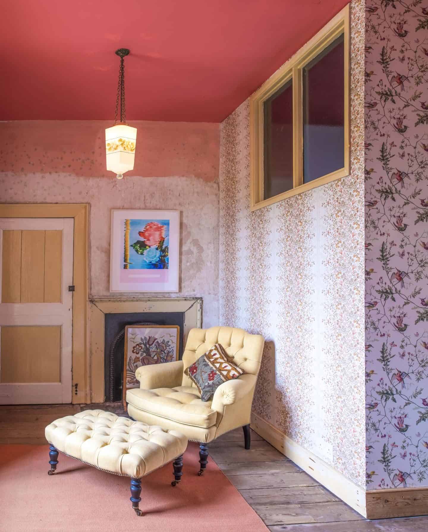 Image from the book Love Colour ©annastarmer - a floral wallpaper with plain traditional chair in front