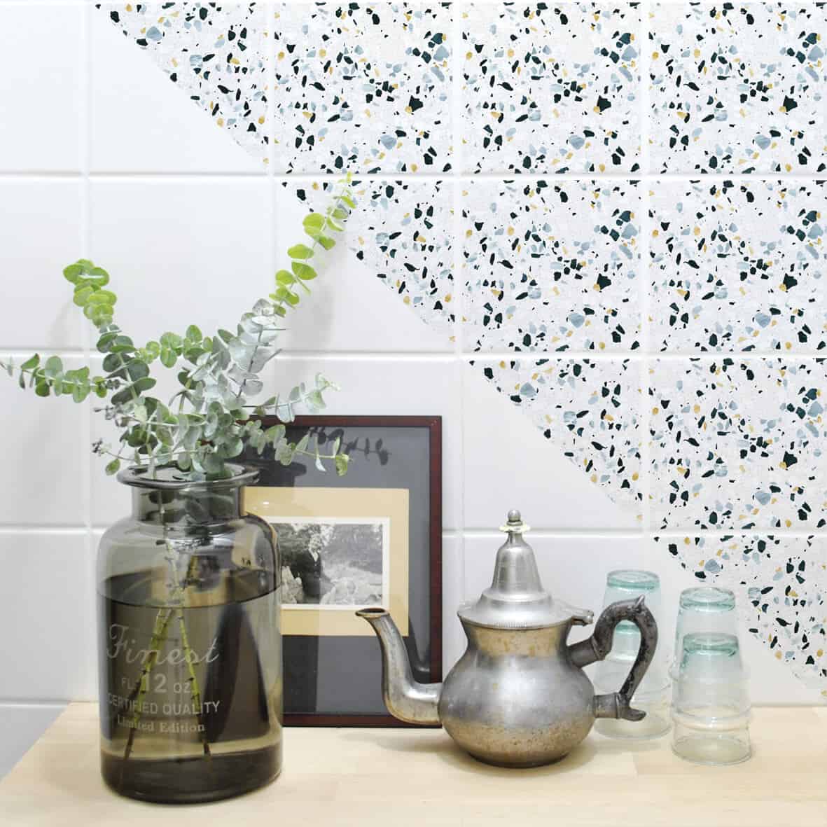 6 Easy Ways to Spruce Up Your Kitchen on a Budget - self-adhesive terrazzo tile stickers from Boubouki