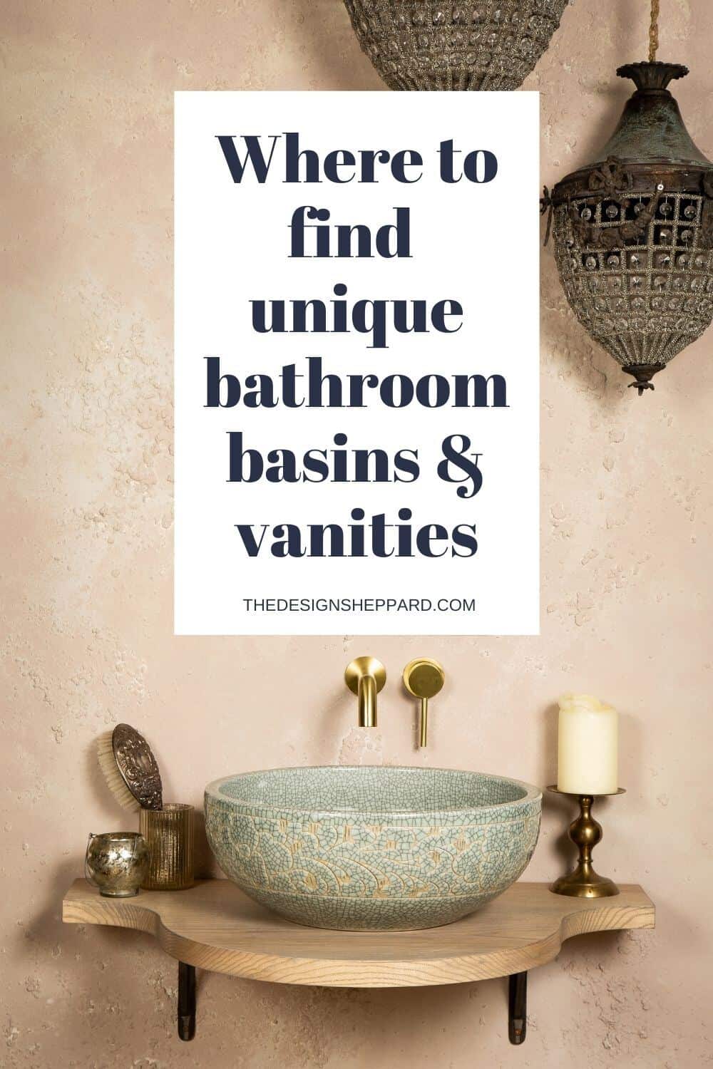 A pinterest pin - where to find unique bathroom sinks with vanities