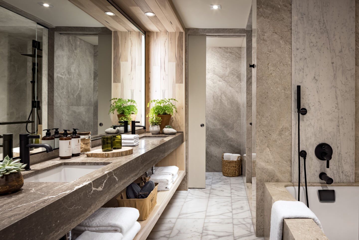 The bathroom at 1 Hotel Toronto, a biophilic hotel that  celebrates the beauty of Toronto’s natural environment