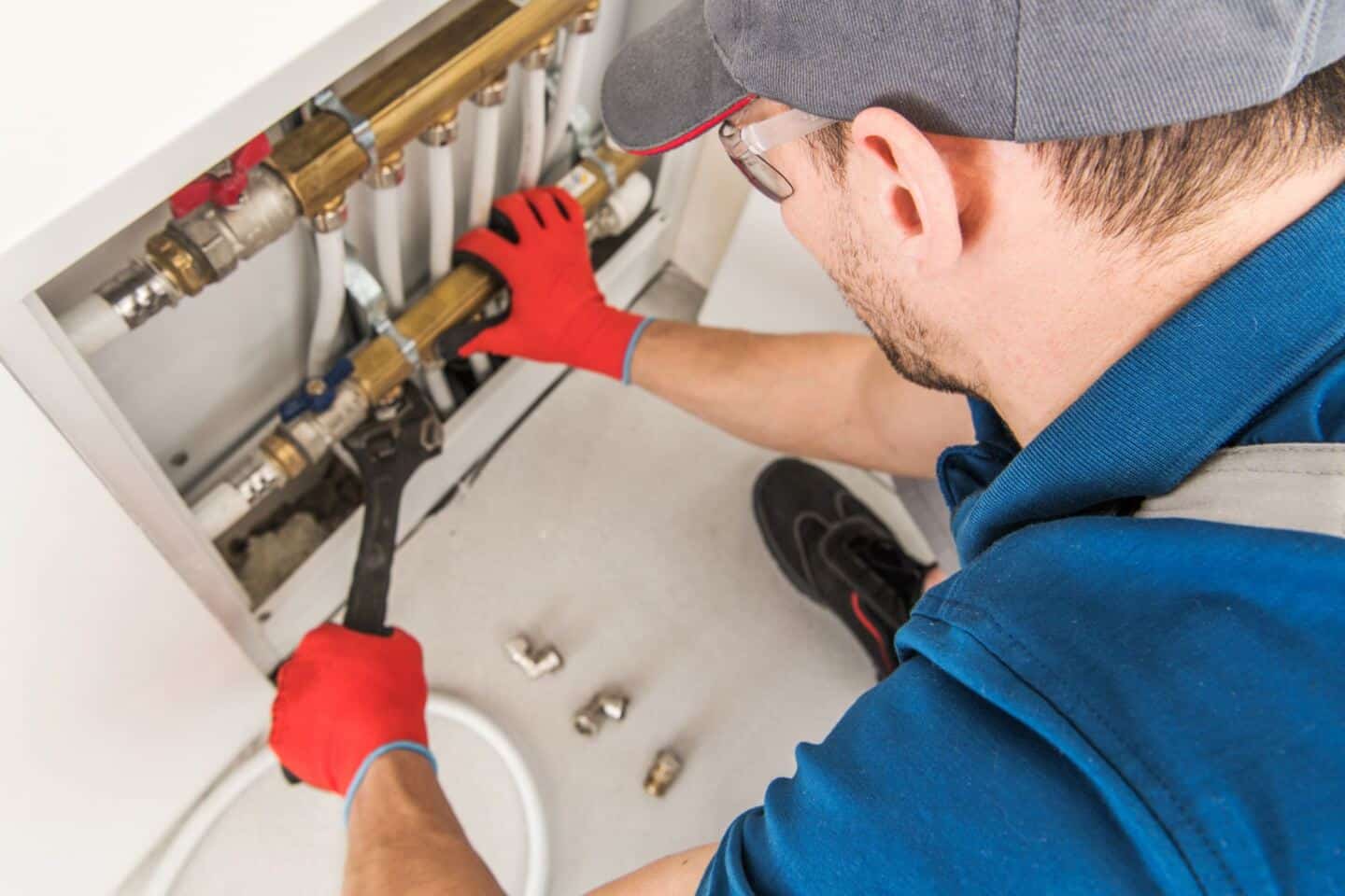 A plumber in blue overalls fixing pipes in a wall to prevent water damage