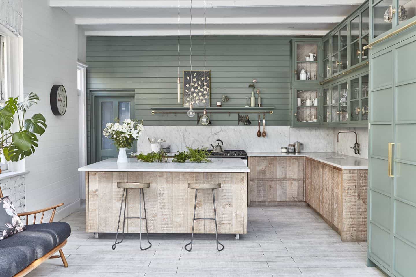 urban rustic kitchens - 6ixteen by Blakes London. Mix and match cabinetry in natural wood and a soft neo mint shade.