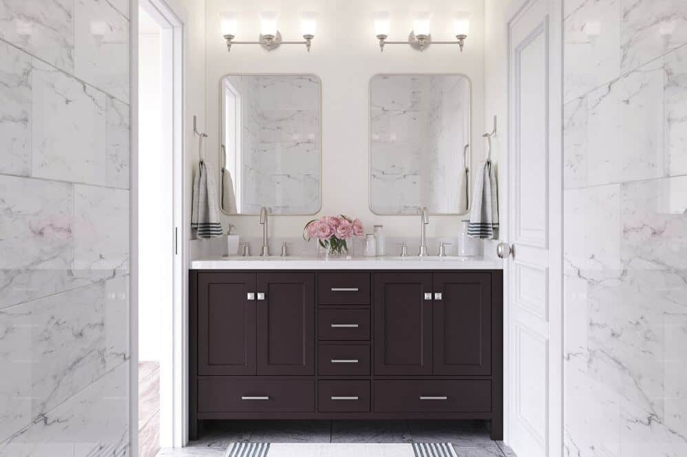 Arielbath double basin on dark vanity unit with two mirrors above