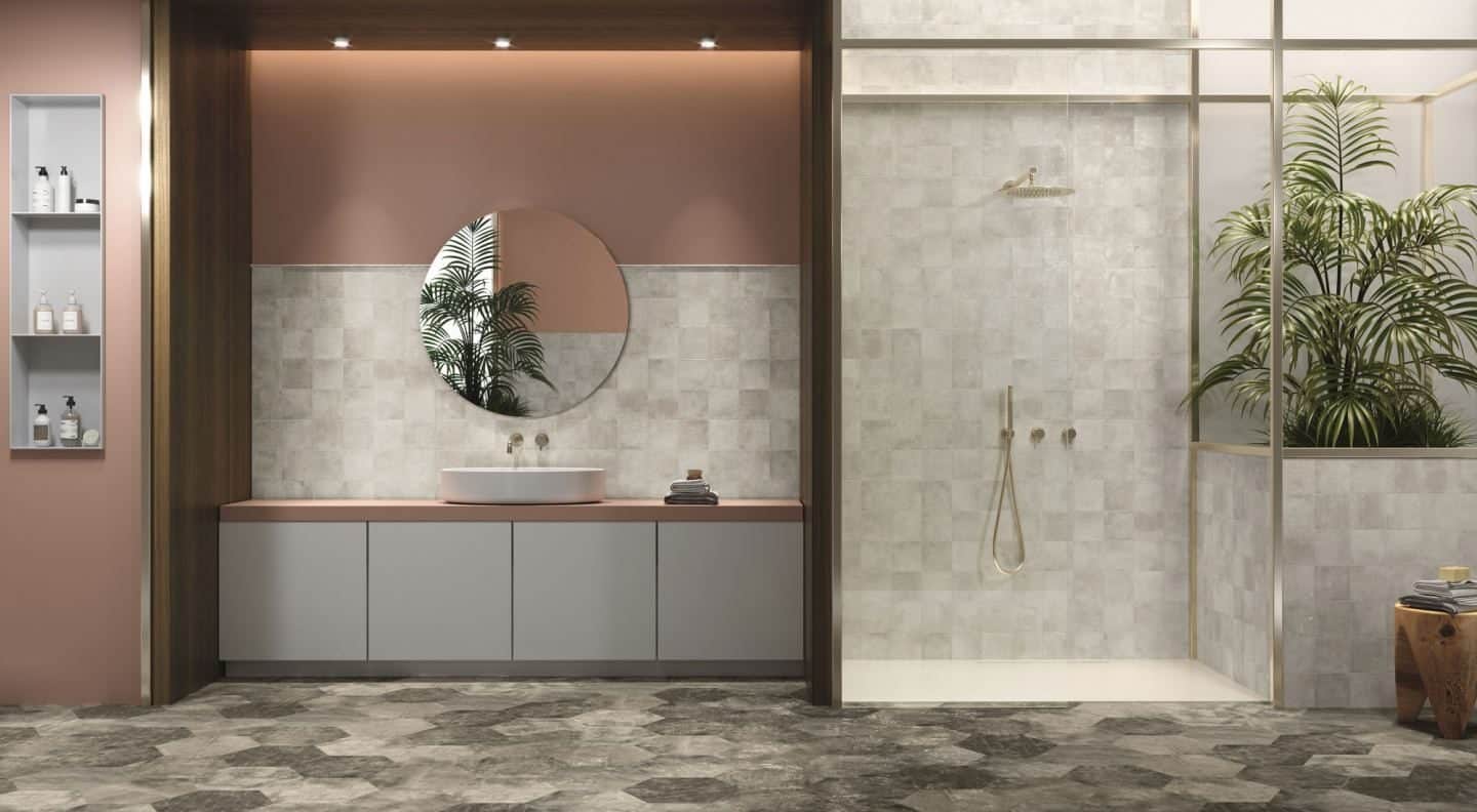 Amazonia botanical ceramic tiles in a contemporary bathroom