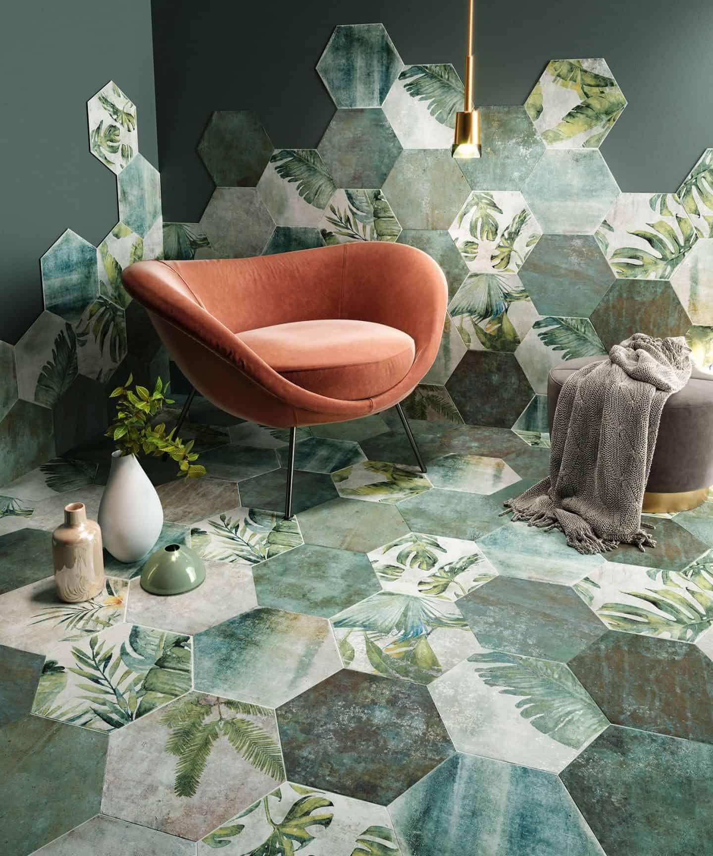 Amazonia botanical hexagon ceramic floor and wall tiles