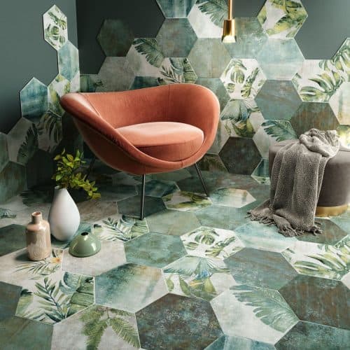 Amazonia botanical hexagon ceramic floor and wall tiles