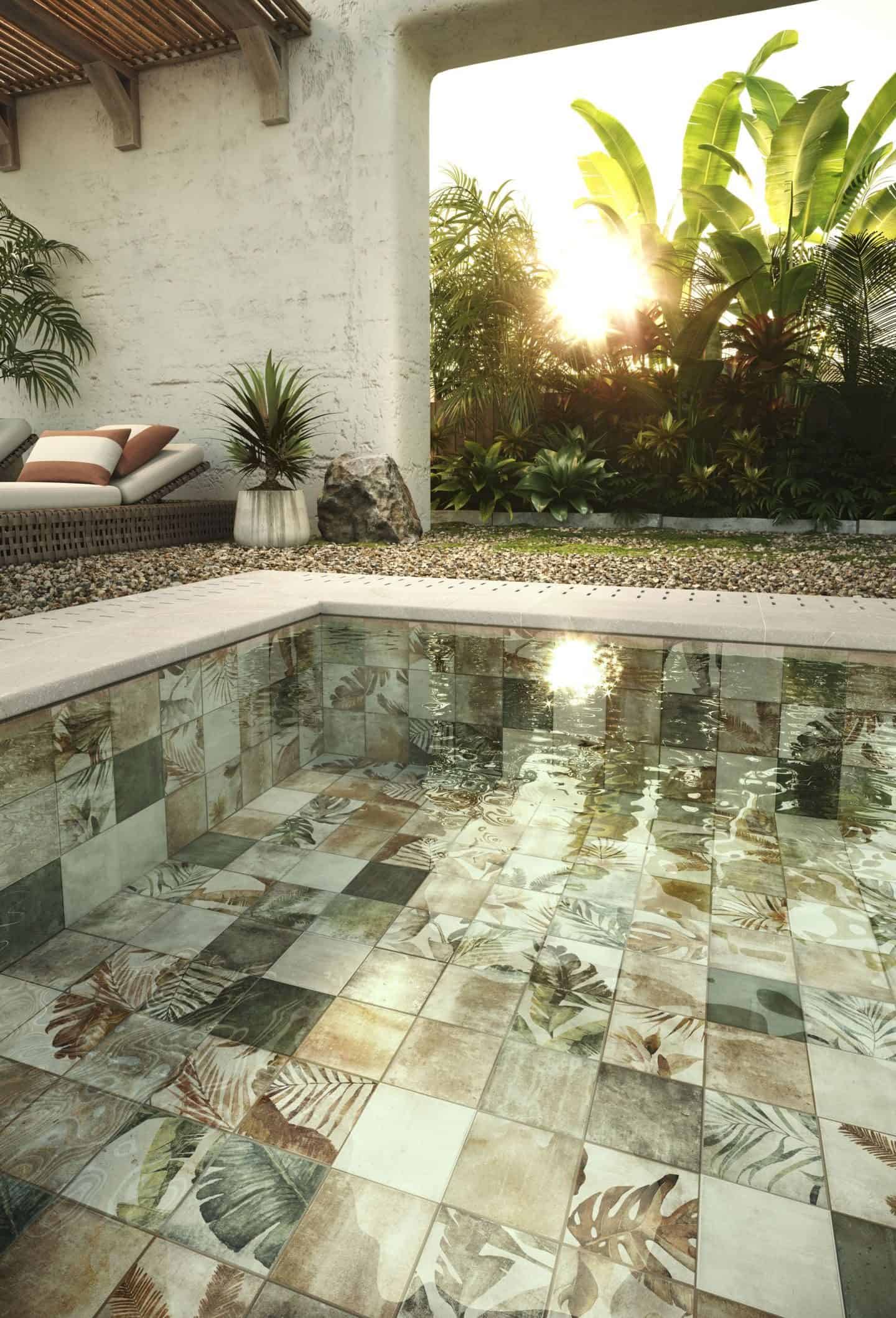 Amazonia botanical ceramic tiles used in a swimming pool