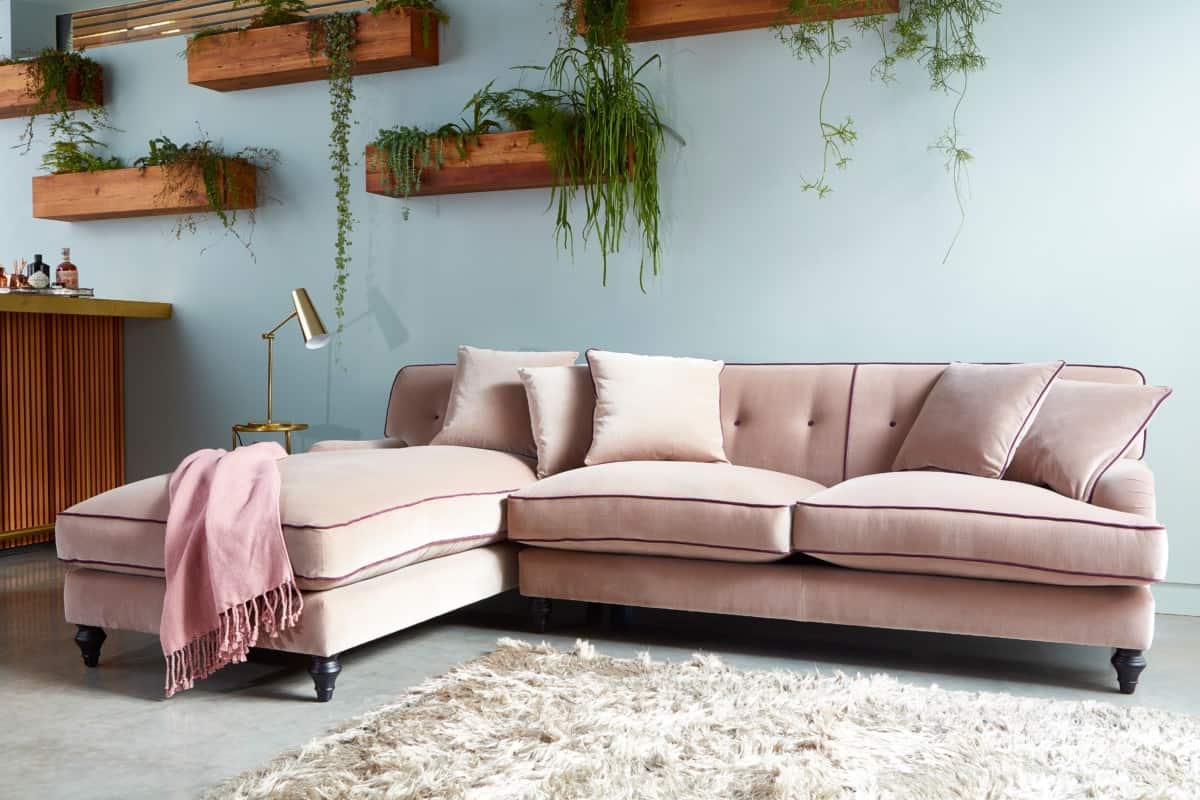 Pink corner group velvet sofas by Darlings of Chelsea