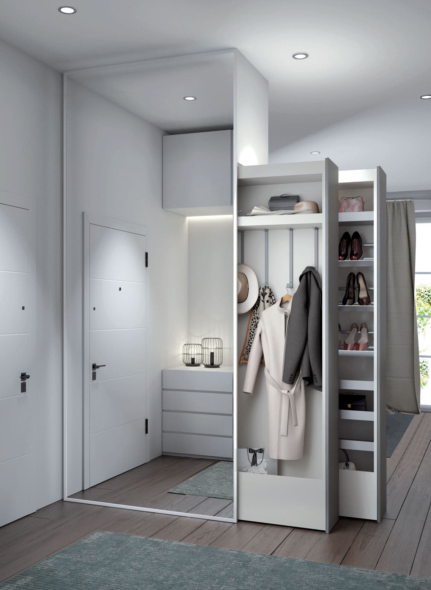 Two slim rolling pullout cupboards holding coats, hats and shoes emerge from within a wall in the hallway