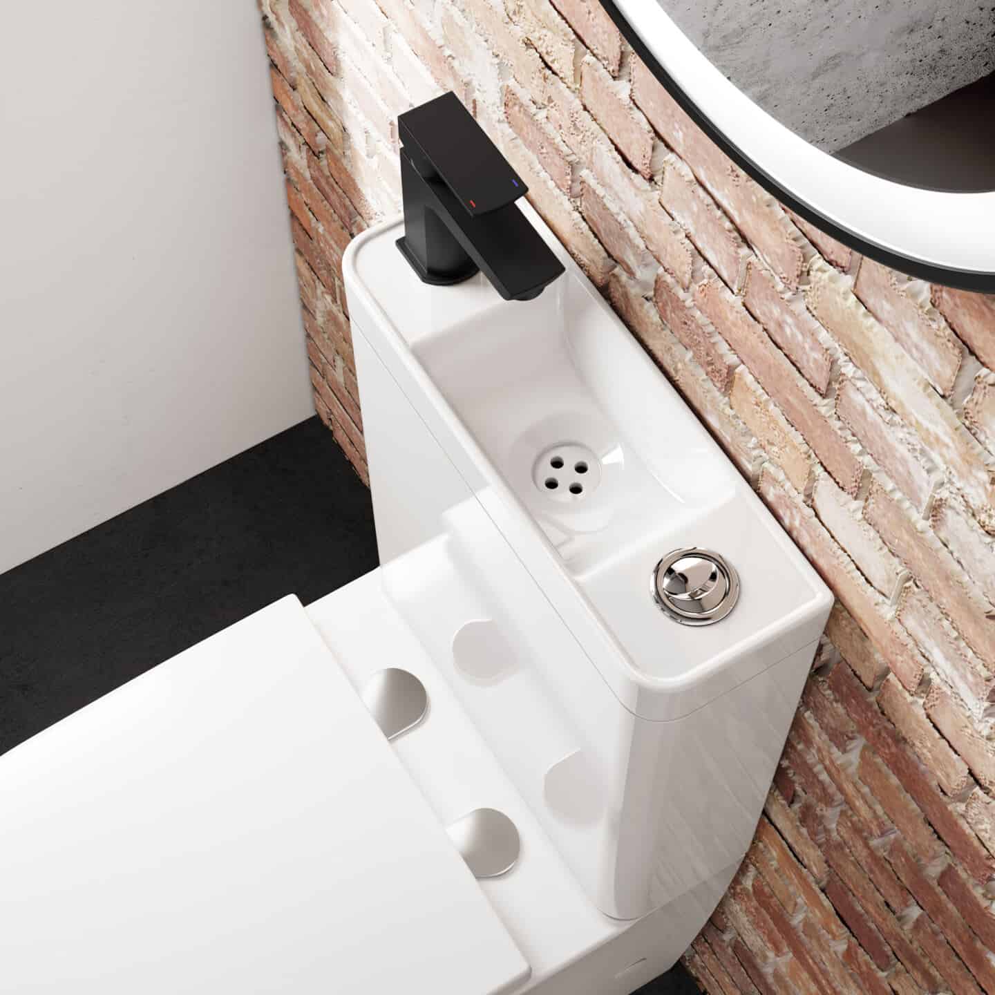 A 2-In-1 Combined Wash Basin & Rimless Toilet. The washbasin is directly above the toilet cistern