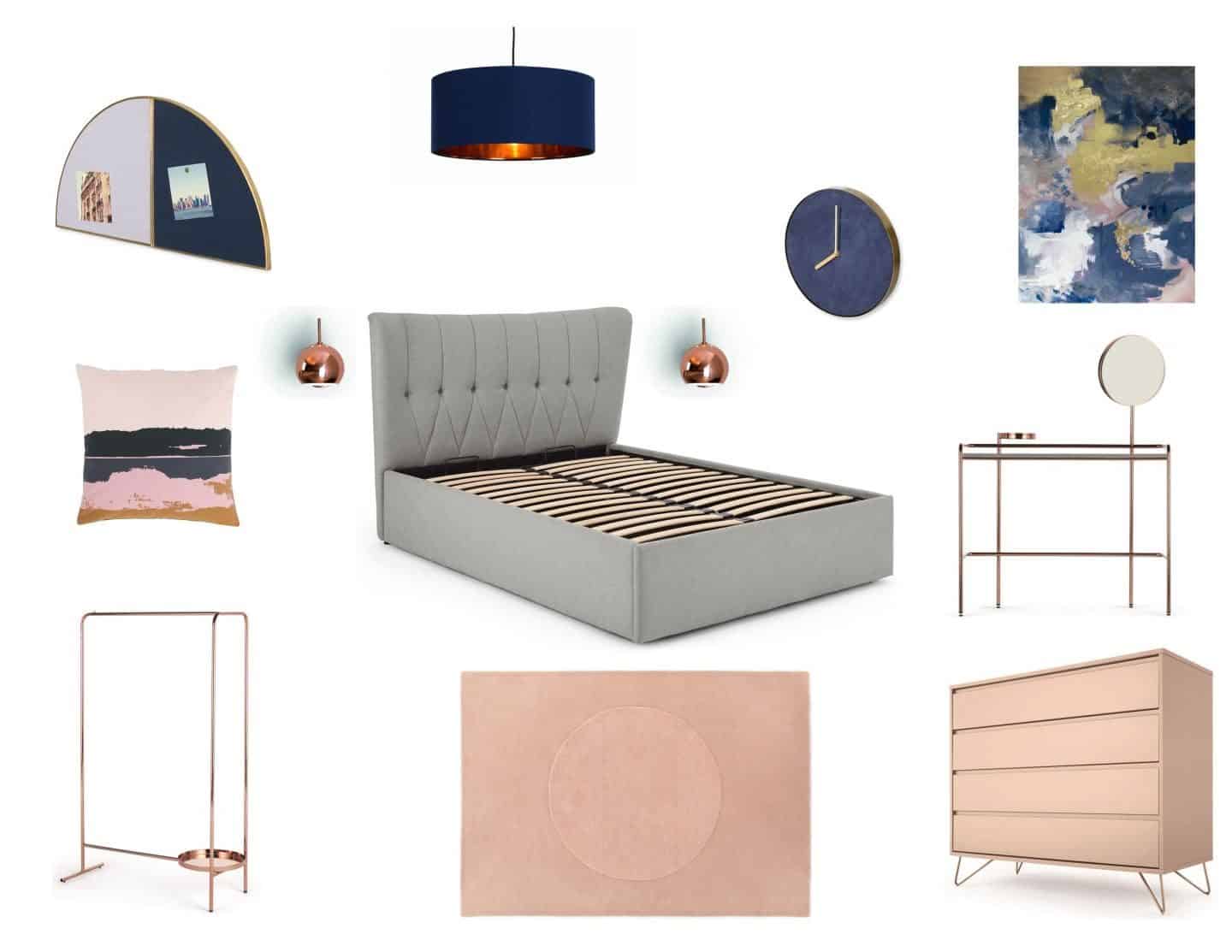 bedroom moodboard dark blue, blush pink and copper accents