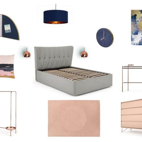 bedroom moodboard dark blue, blush pink and copper accents