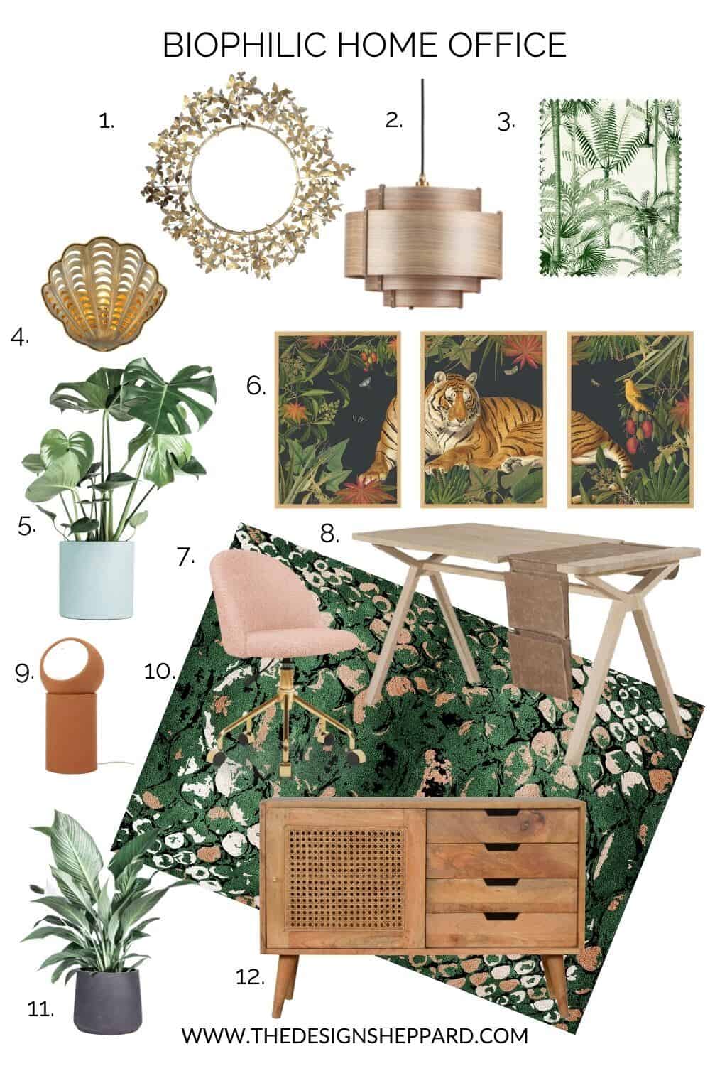 a moodboard featuring home interior products to create a Biophilic home office.