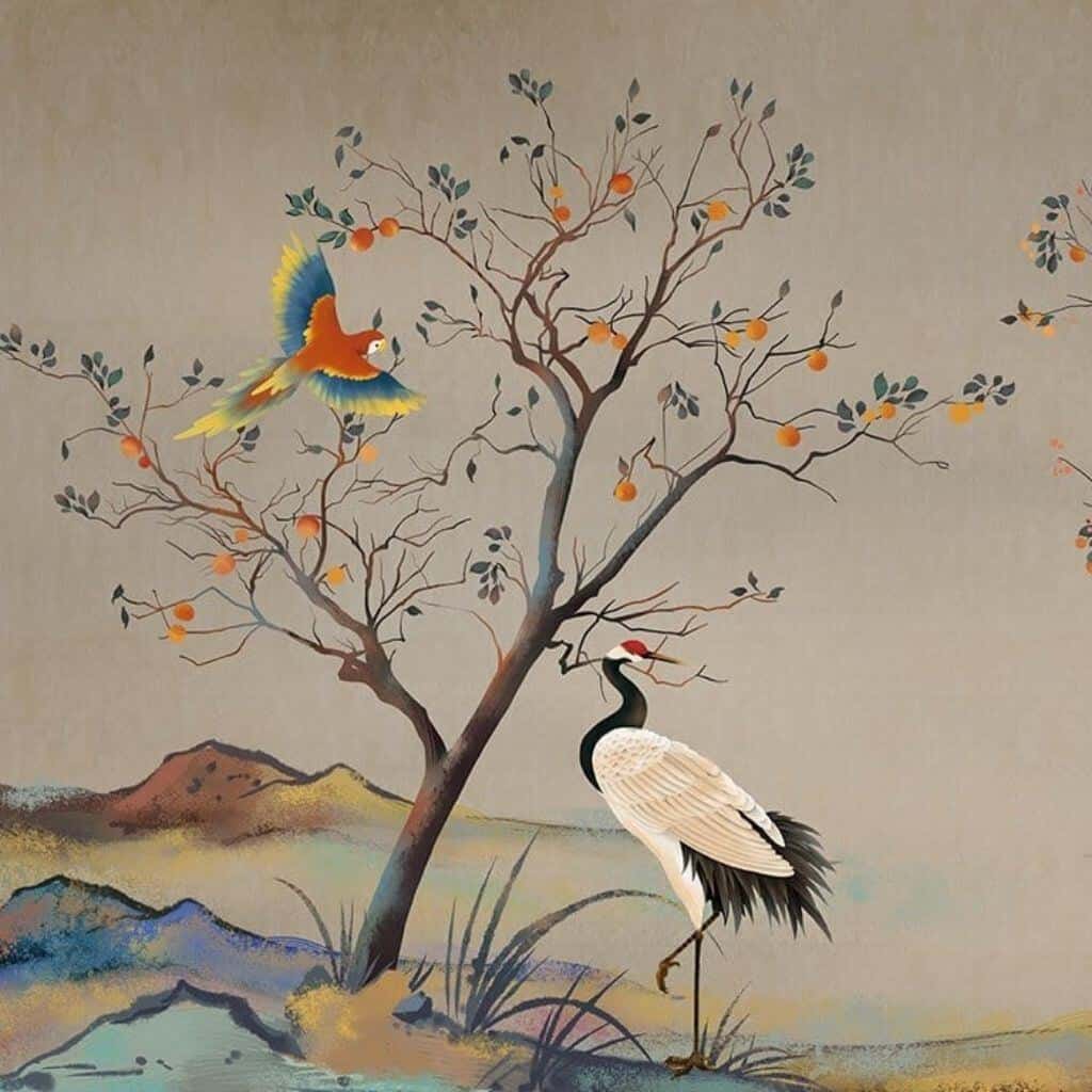 chinoiserie style wallpaper featuring trees and birds