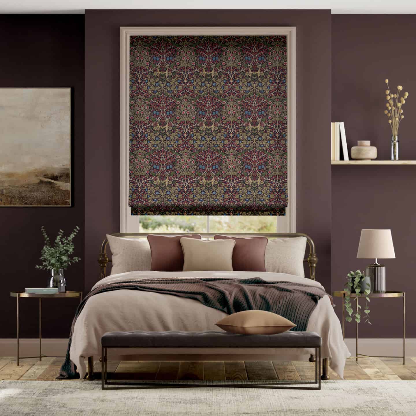 A cosy bedroom in shades of purple featuring william morris print roman blinds