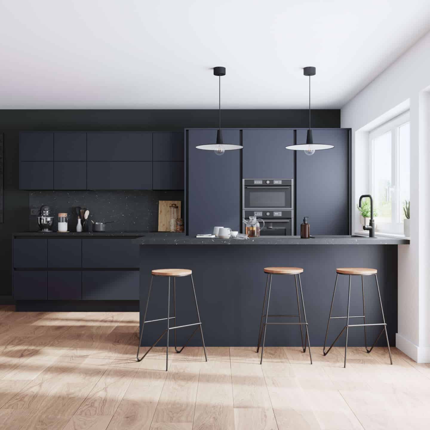 Matt Blue minimalist kitchen design with breakfast bar and industrial stools