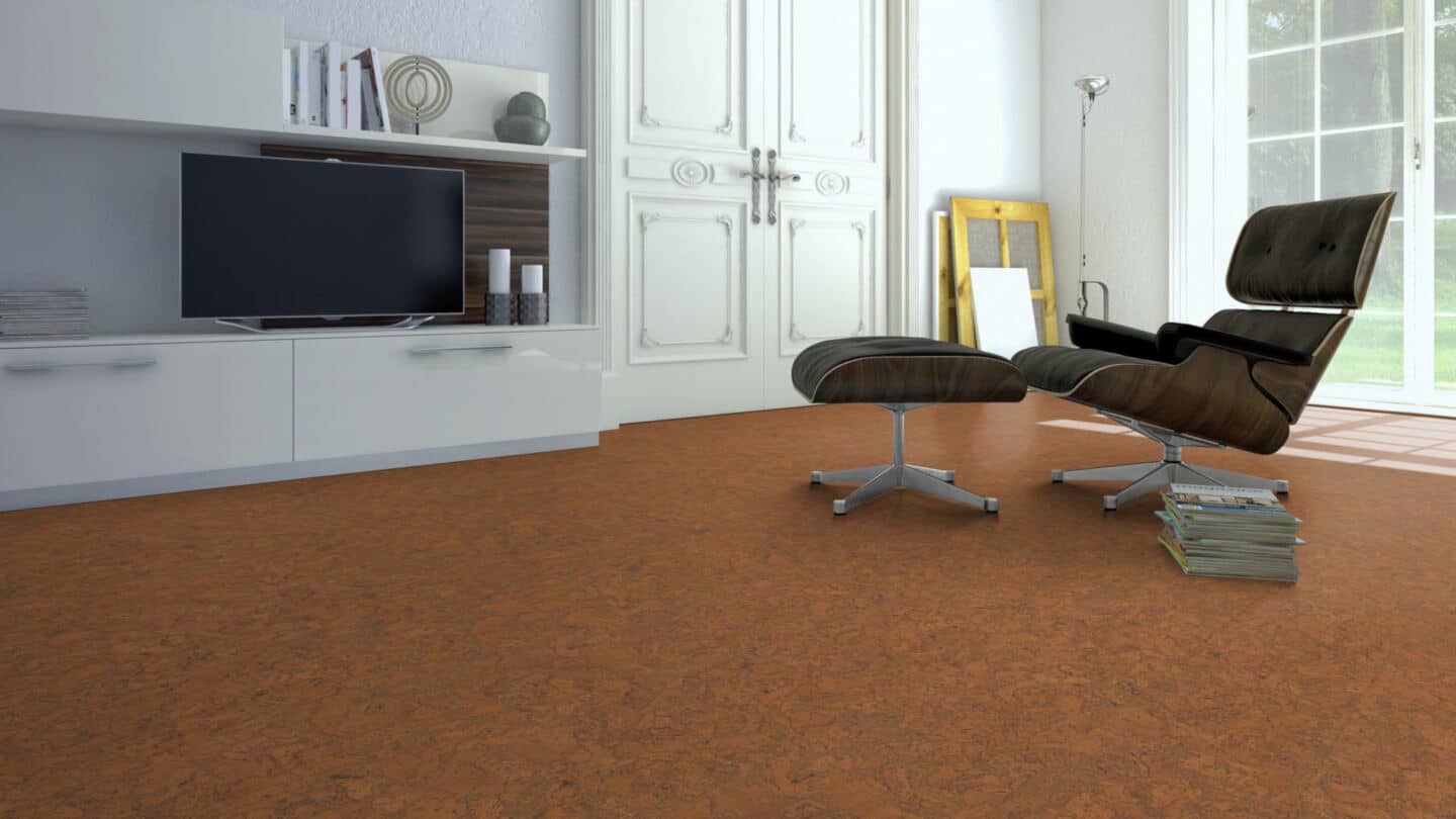 A terracotta cork floor from Bricoflor in a living room