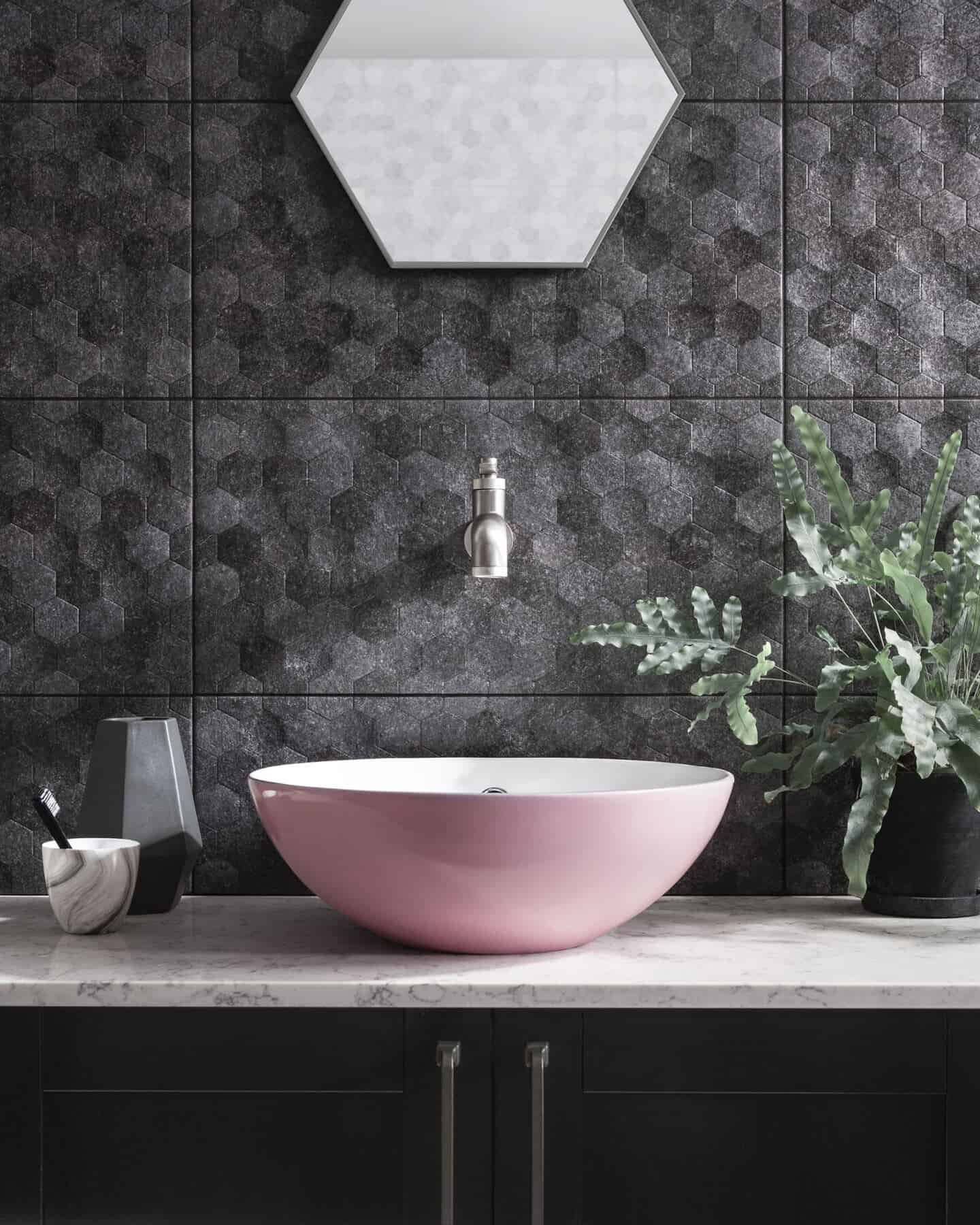 Textured walls in a bathroom using Buxy Antracita Hexagon Tiles from CTD Tiles