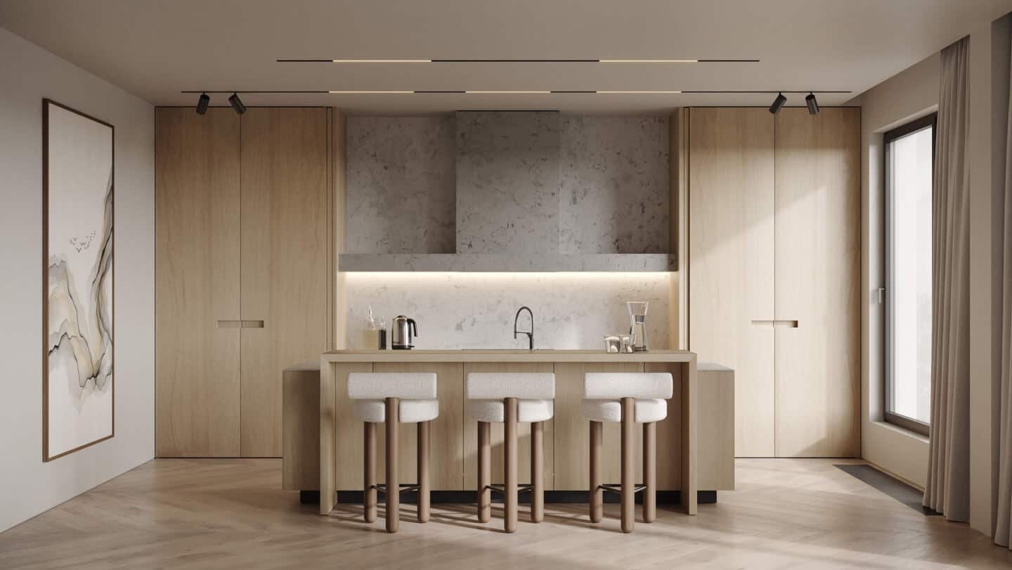 japandi-style wood and marble minimalist kitchen design featuring island with boucle bar stools