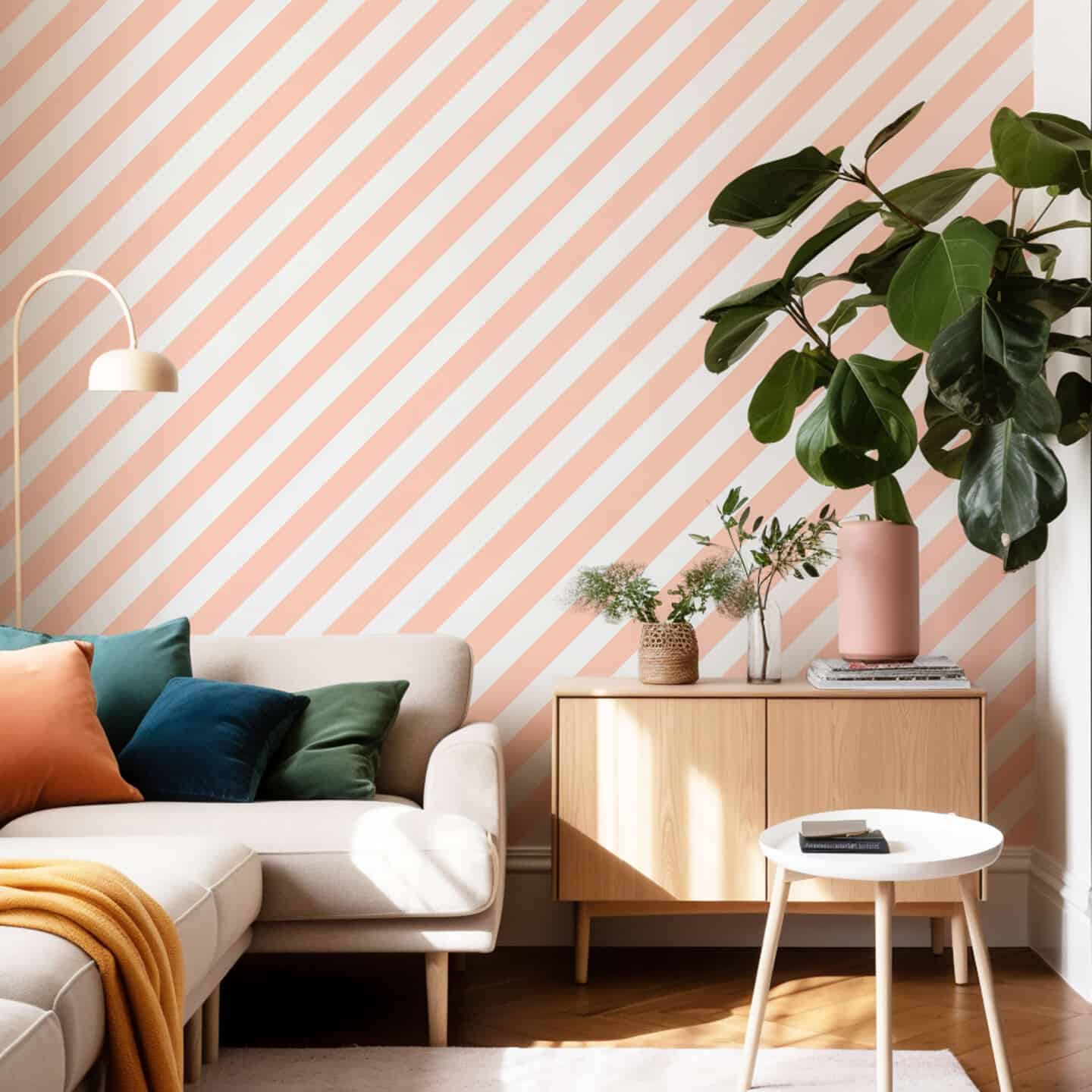 A living room featuring peach striped wallpaper