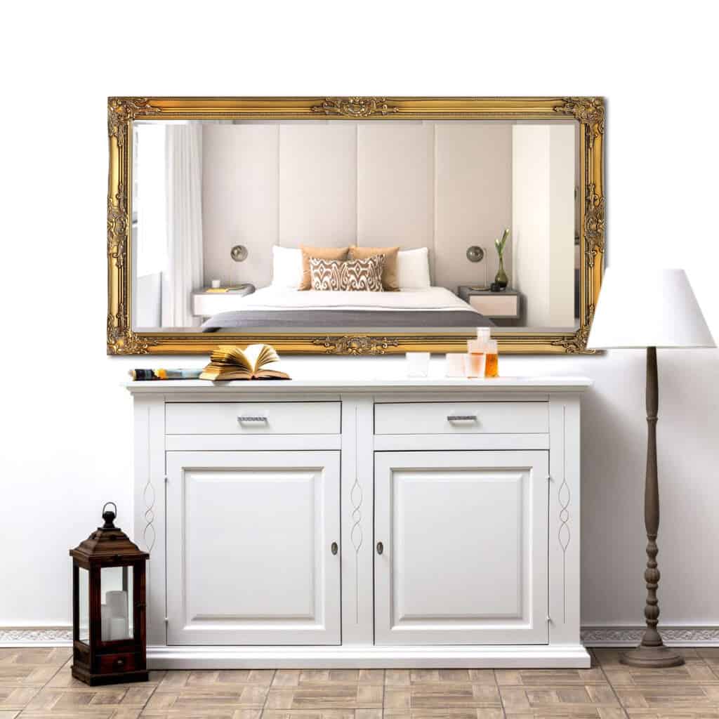 8 ways to use mirrors in your interiors. Gold Shabby Chic mirror from Casa Chic Boutique over a white sideboard