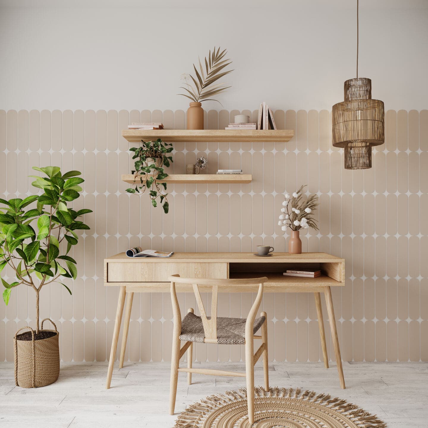 A home office featuring wall tiles in Pantone colour of the year 2024 Peach Fuzz