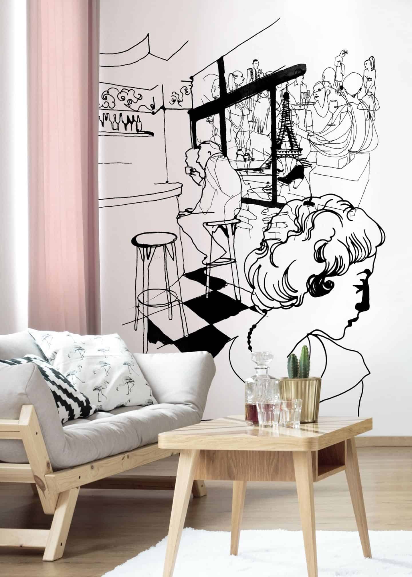 Coffee in Paris, a black and white travel-inspired illustration by Stina Wirsén available as a illustrated wallpaper from Photowall.