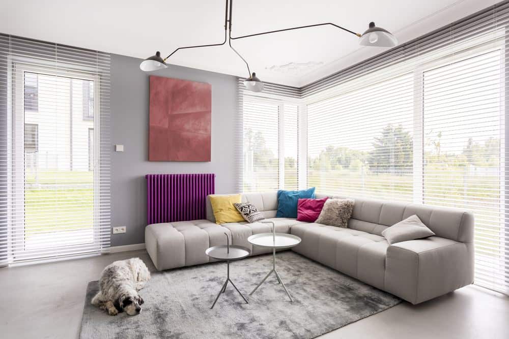 Radiator buying guide - living room featuring horizontal purple radiator