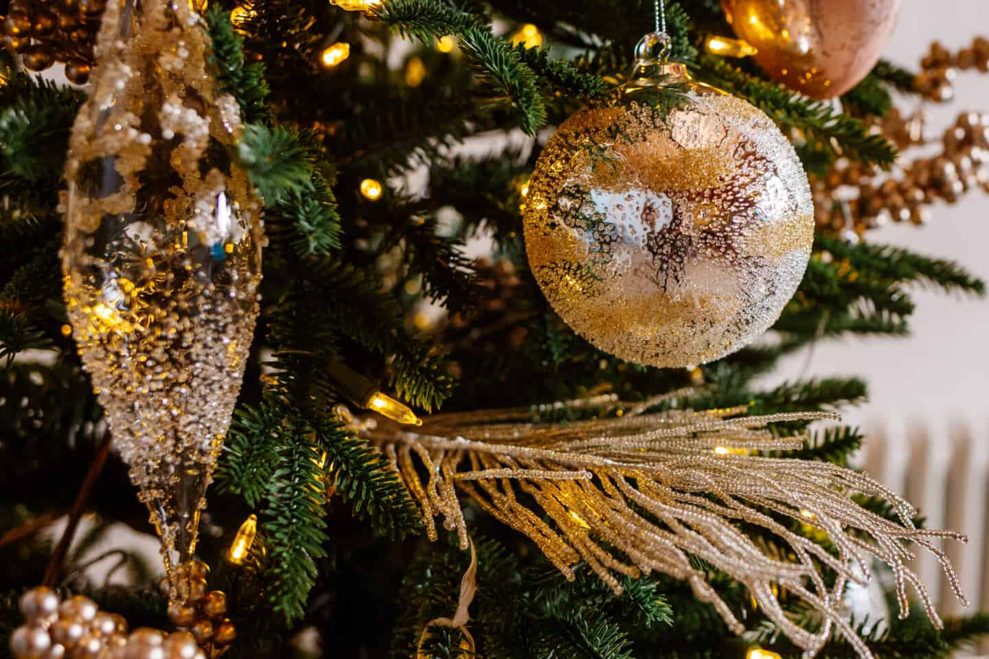 Baubles and tree picks on a Christmas tree