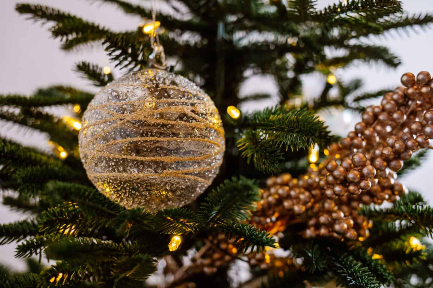 Baubles and tree picks on a Christmas tree