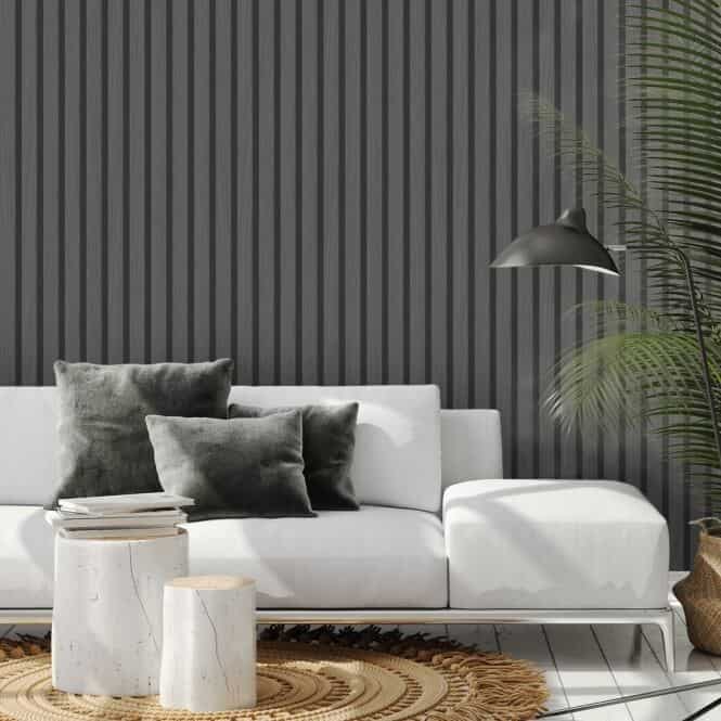 Vertical slat  wooden panelling wallpaper from I Love Wallpaper in a living room setting