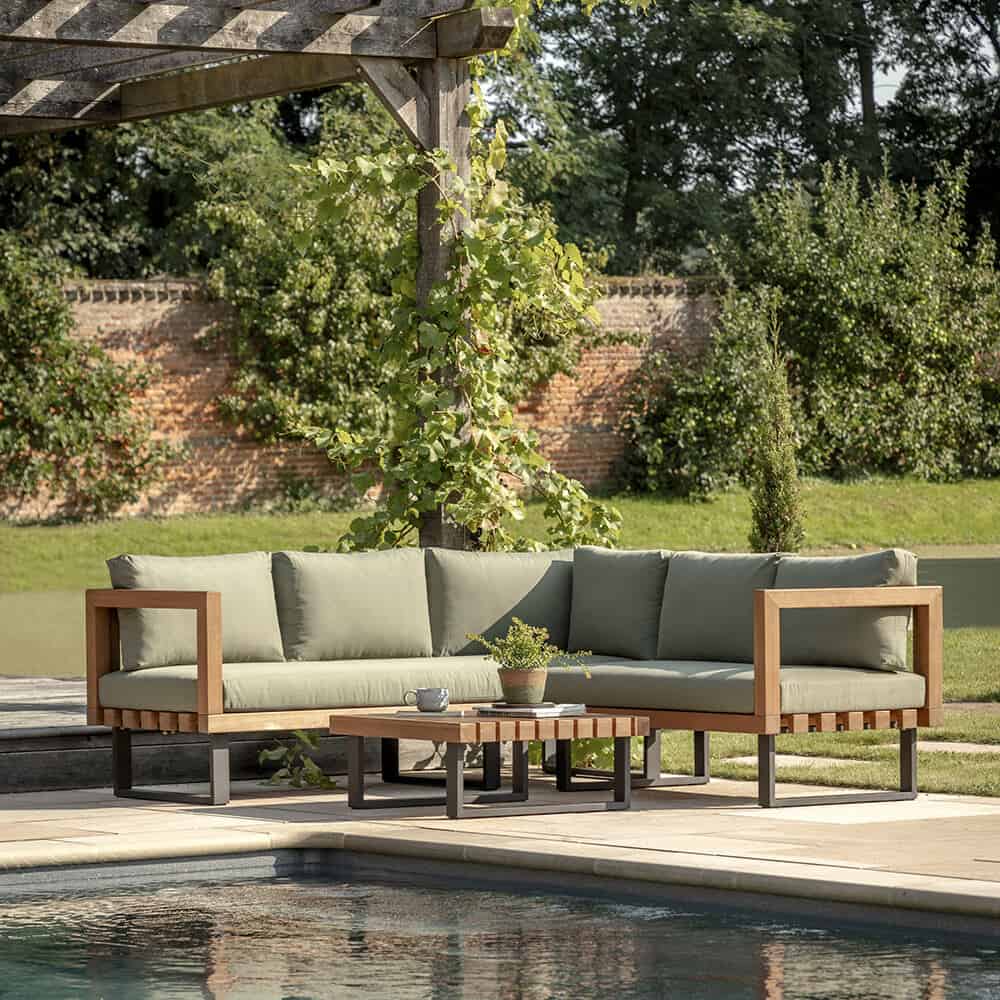 A seating area beside a pool 