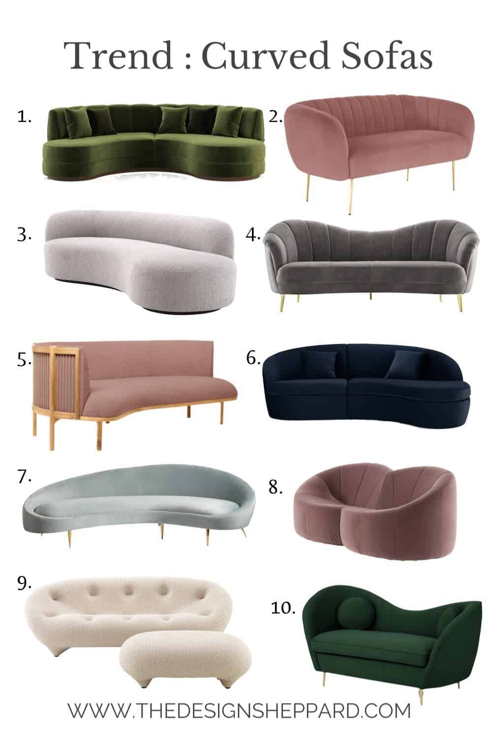 A selection of 10 curved sofas in various colours