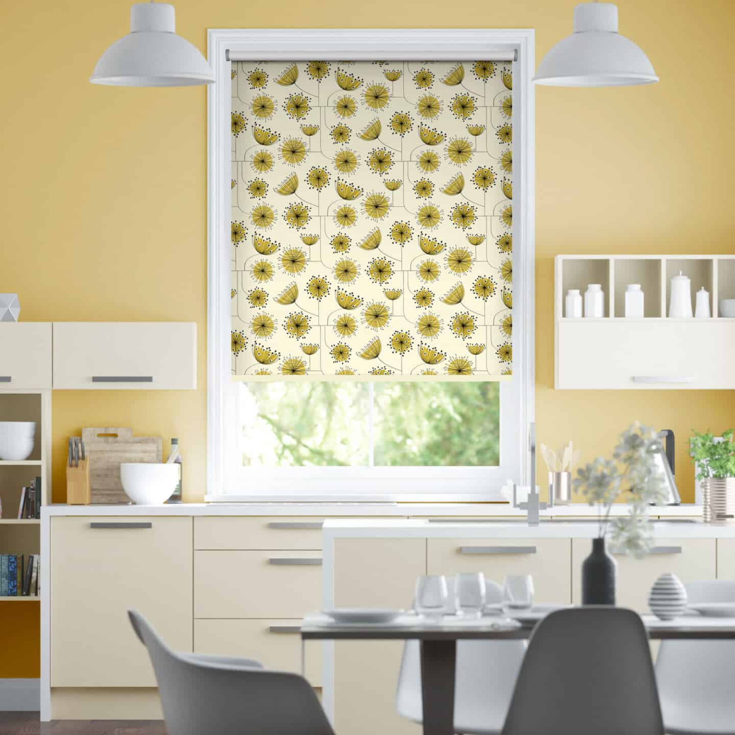 Pantone Colour of the Year 2021 - Illuminating. The colour psychology behind using yellow in interiors. A kitchen featuring yellow blinds from Blinds2Go