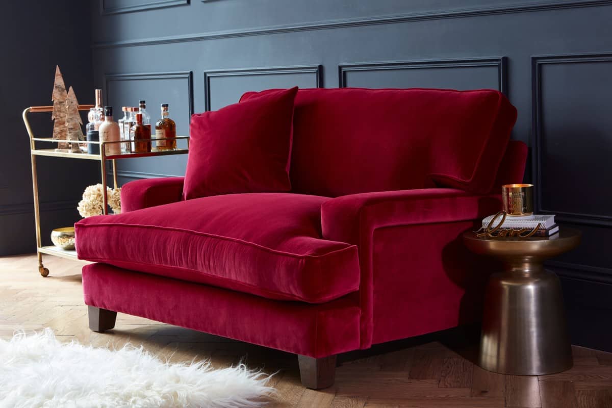 Classic red velvet sofas loveseat from Darlings of Chelsea