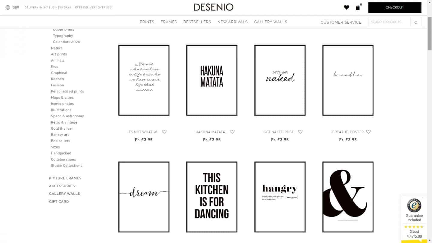 A screen shot of the Desenio website showing artwork for an office space