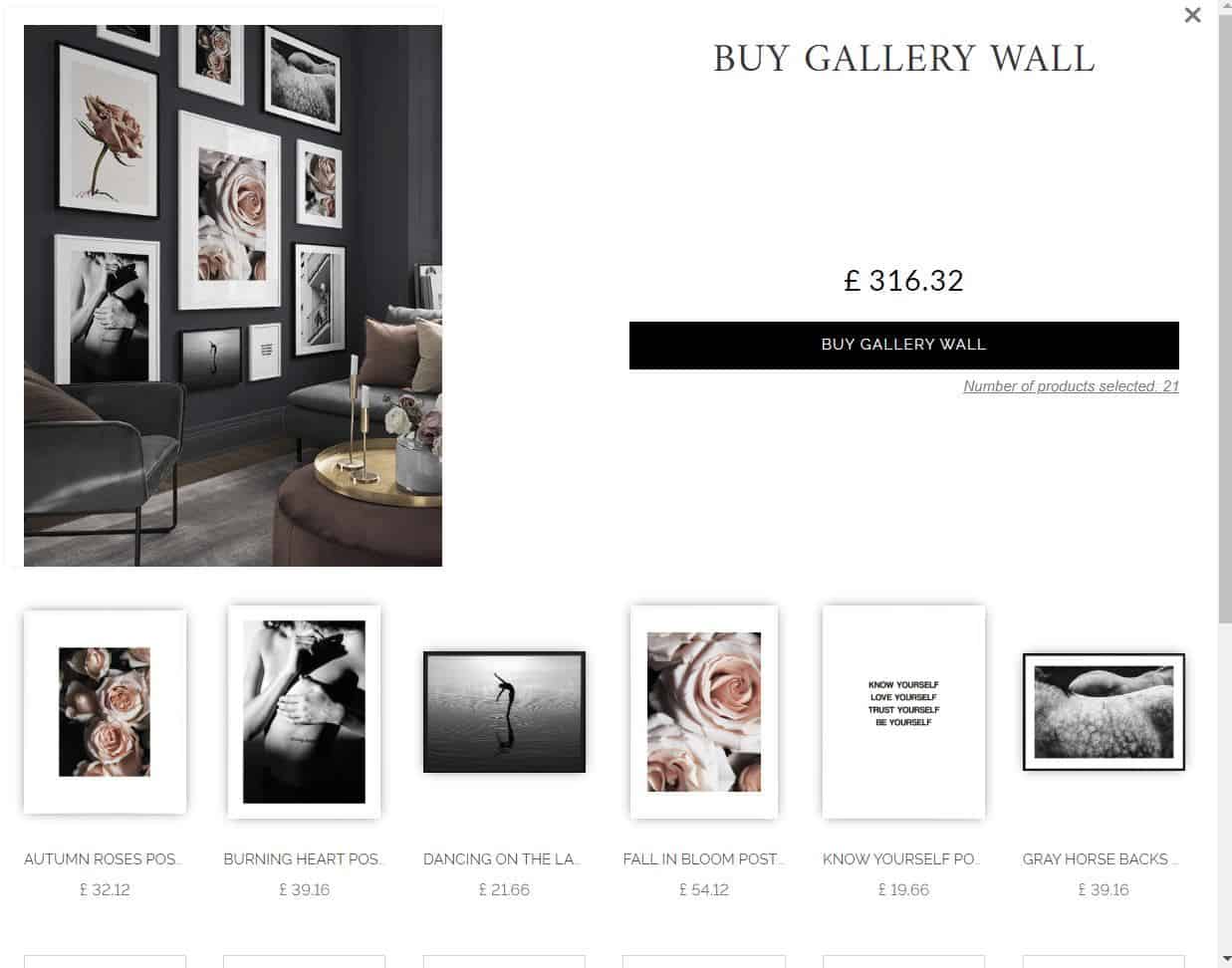 A screen shot of the Desenio website showing artwork in a gallery wall