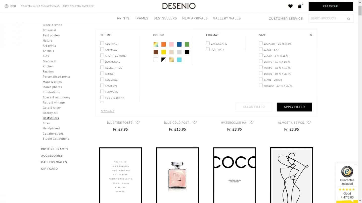 A screen shot of the Desenio website showing how to filter the artwork