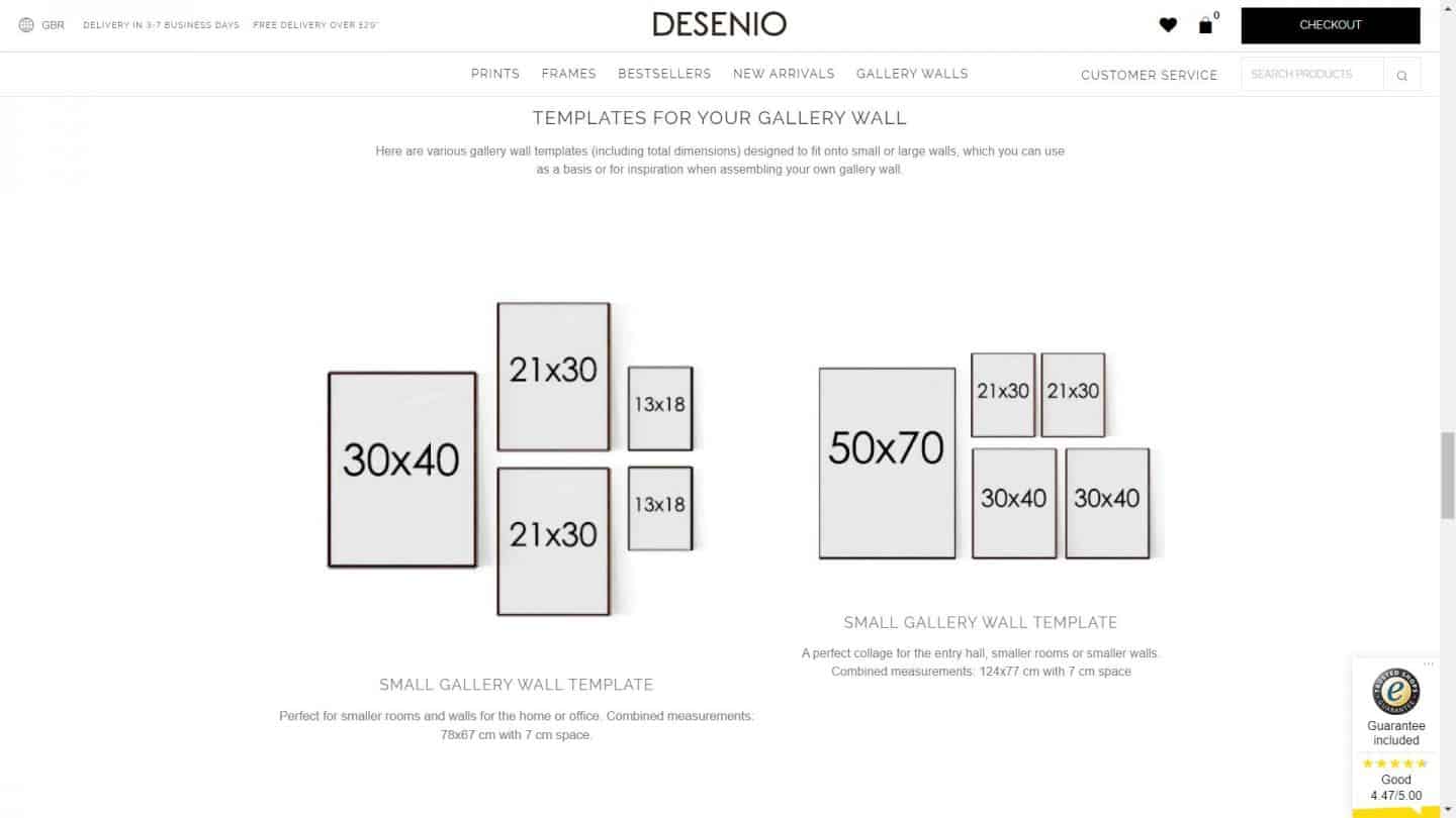 A screen shot of the Desenio website showing templates for a gallery wall