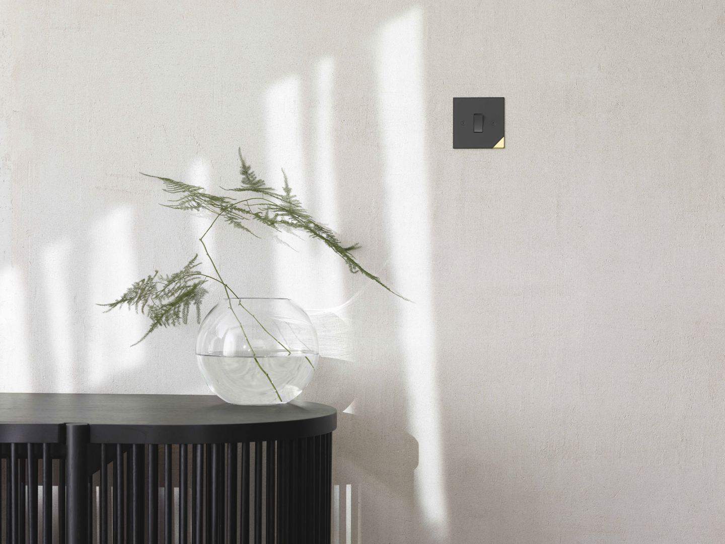 Designer light switches by Kelly Hoppen for Focus SB. A matt black light switch on a grey wall above a black console table with a vase on top.
