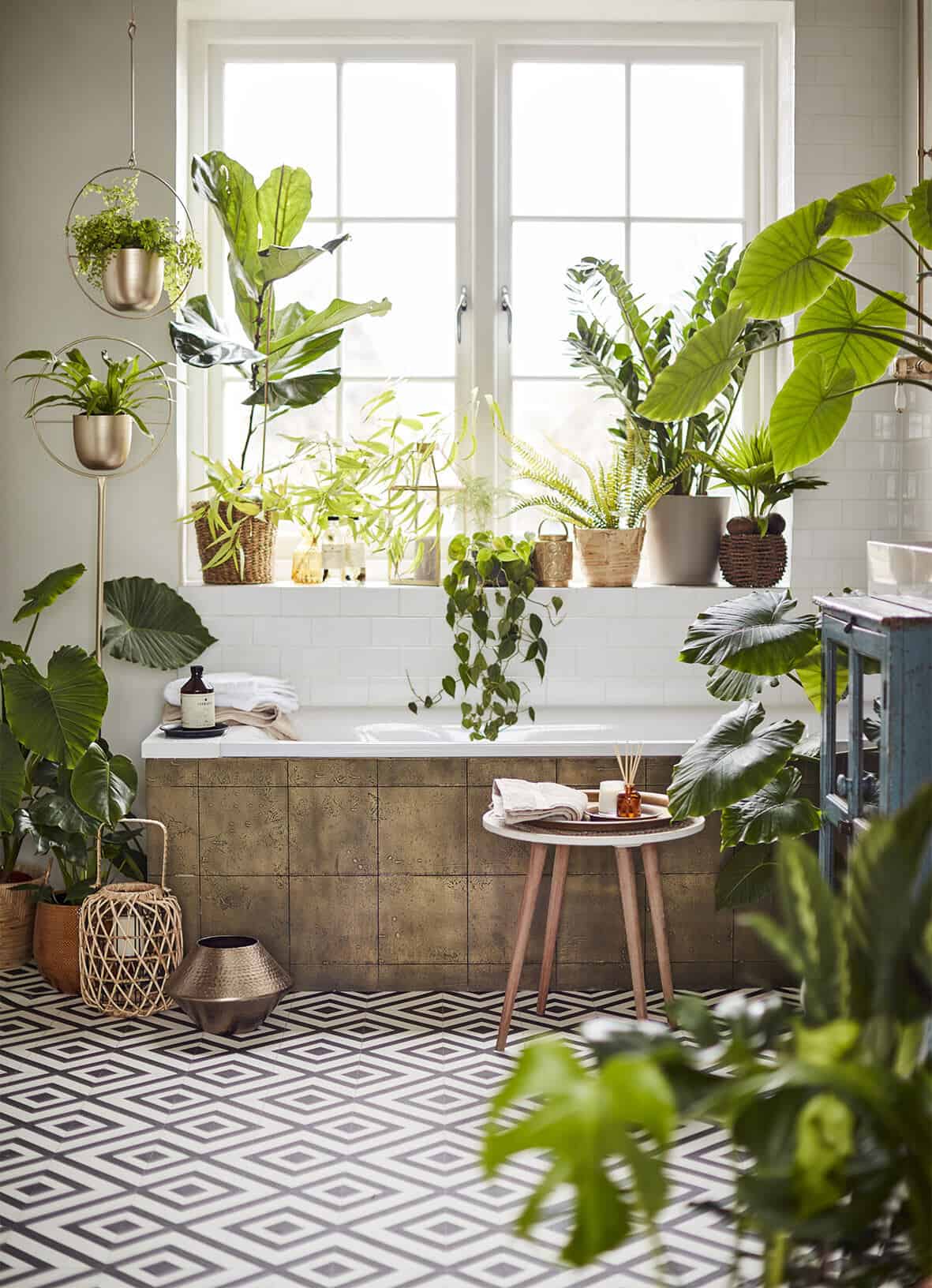 Bathtub in a bathroom which is full of plants.