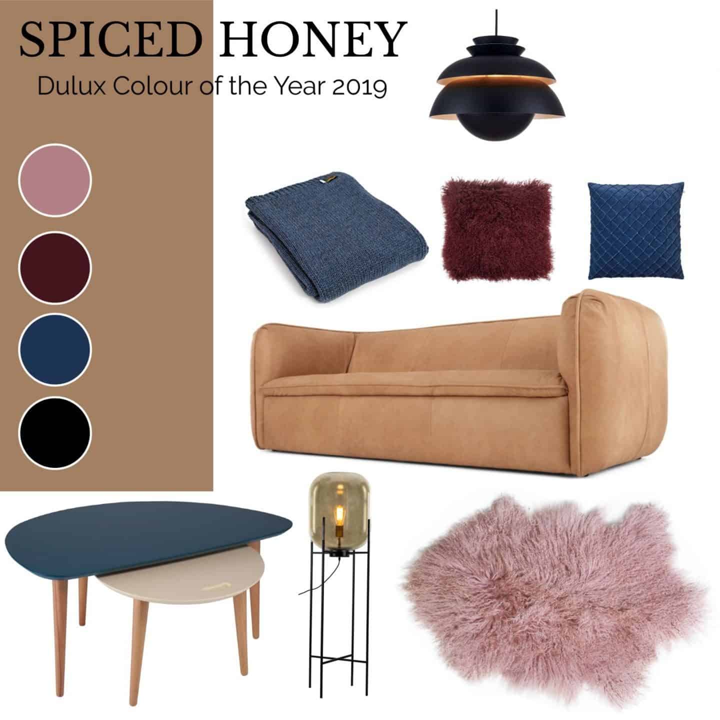 A living room Moodboard using Dulux Spiced Honey as the base colour