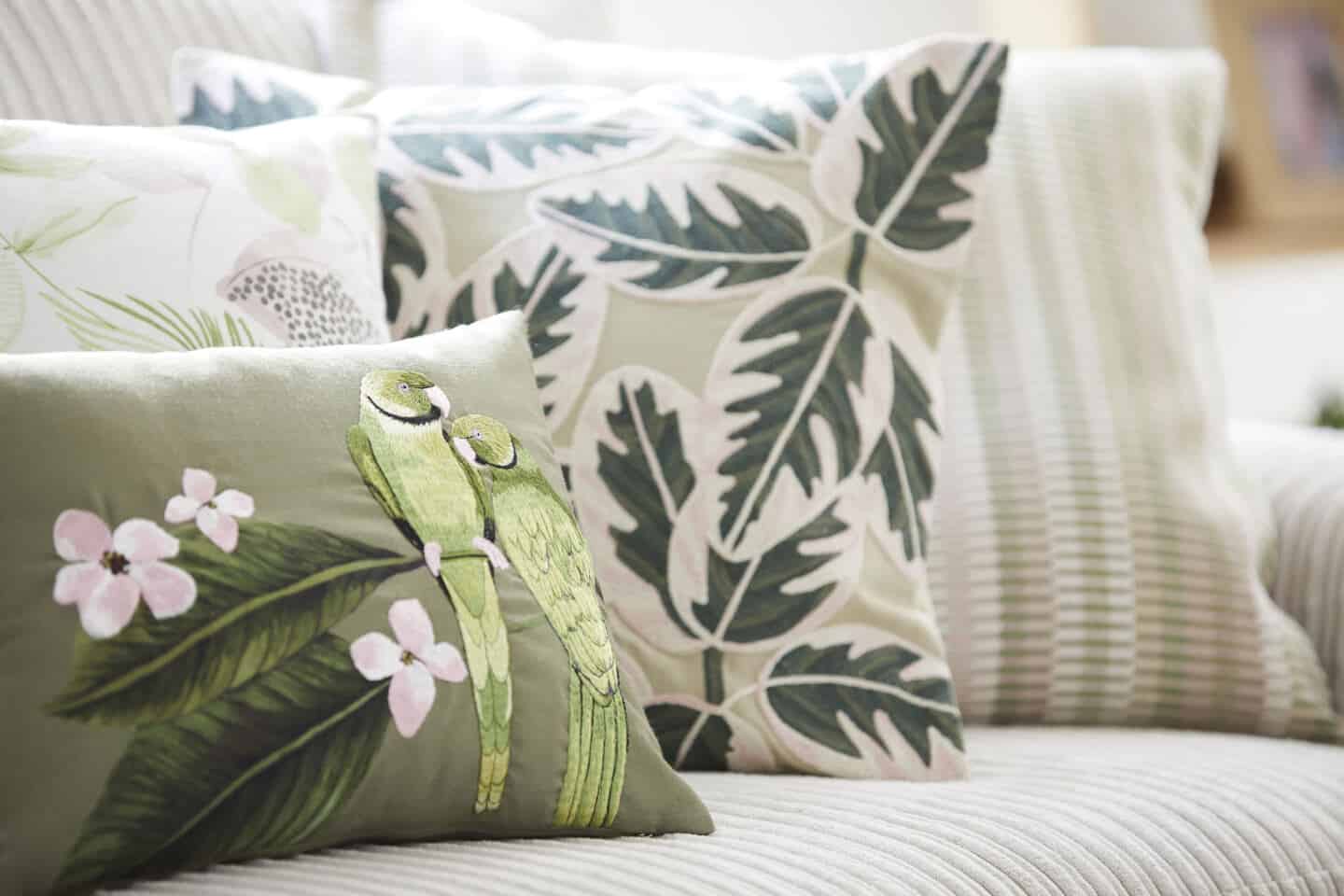 Sancturary is a SS20 interiors trend by Dunelm that features nature in interiors. These cushions feature lots of tactile textures,  and leafy green prints.