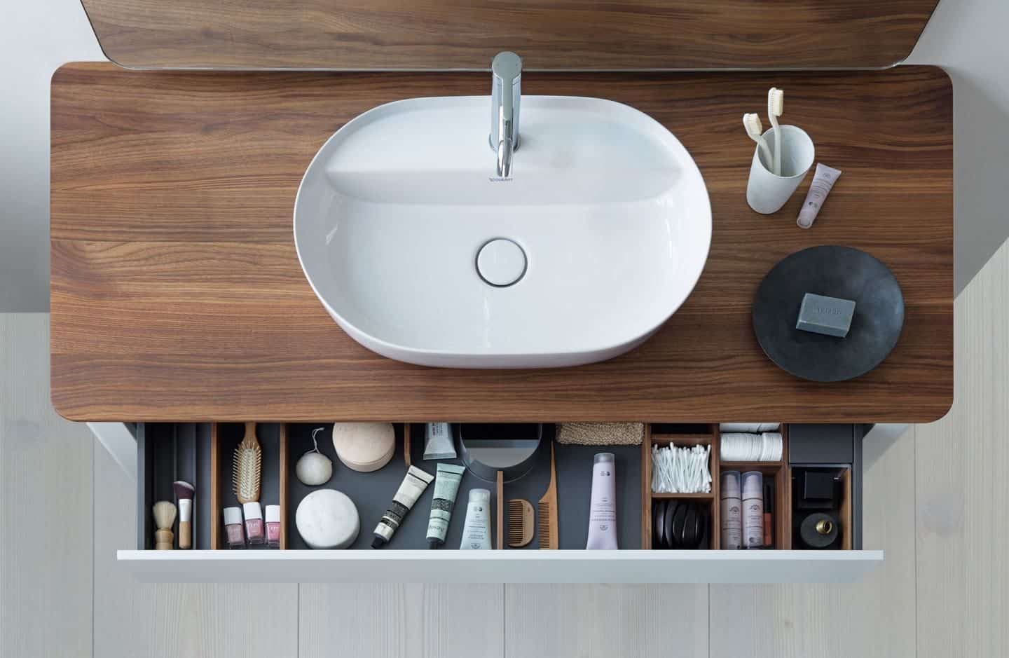 Ariel image of the bathroom basin from the Luv collection by luxury bathroom brand Duravit. 