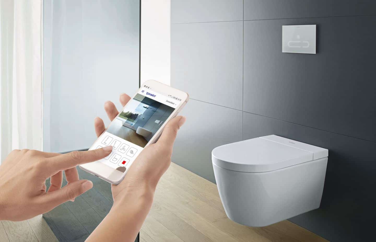 Duravit SensoWash Stark f shower toilet can be operated by remote or via an app for increased hygiene in the bathroom