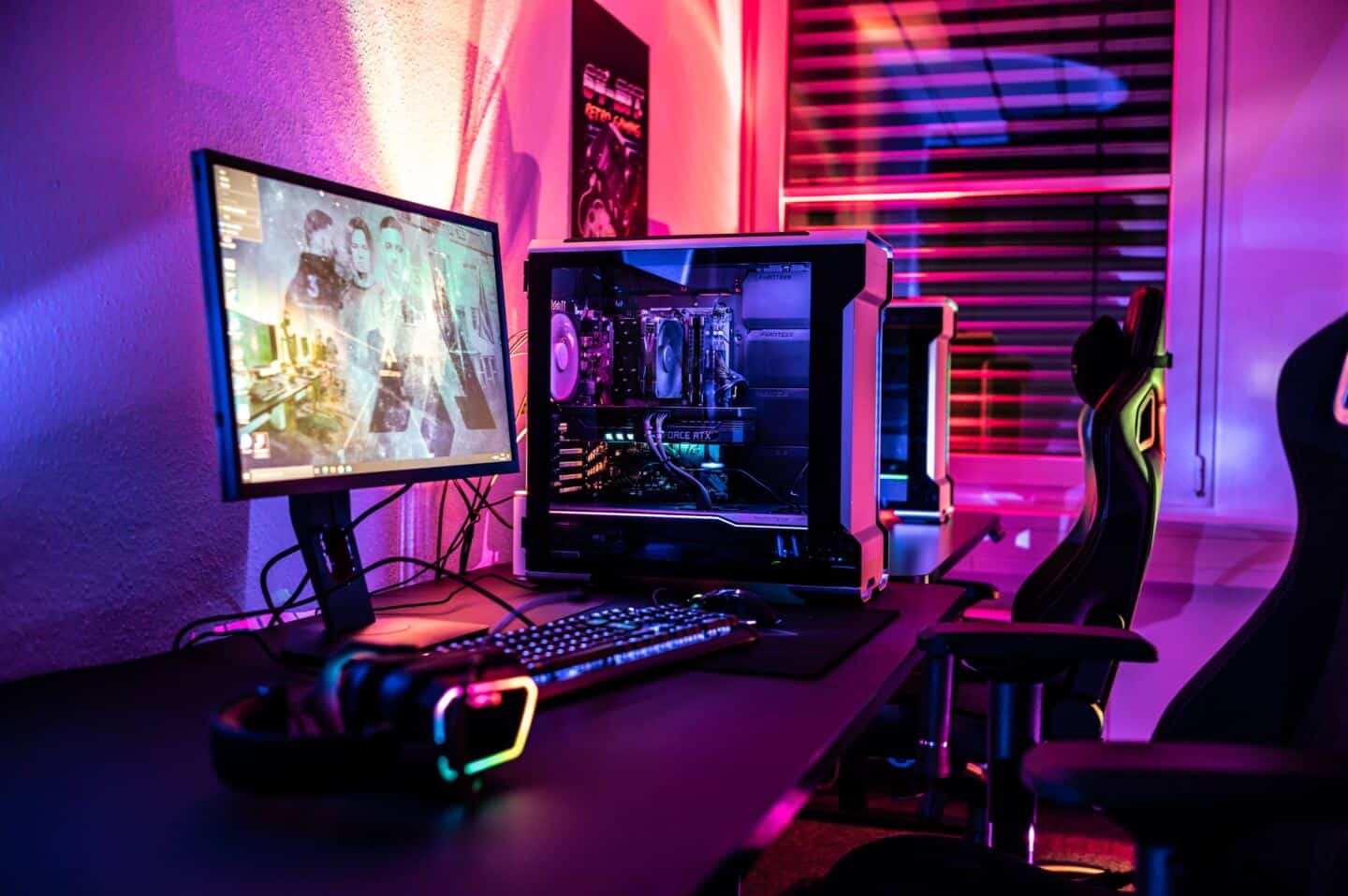 A gaming room with colourful LED Lights