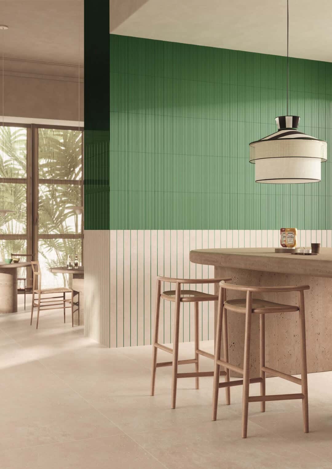 Linea textured wall tiles from European Heritage in an open plan kitchen diner