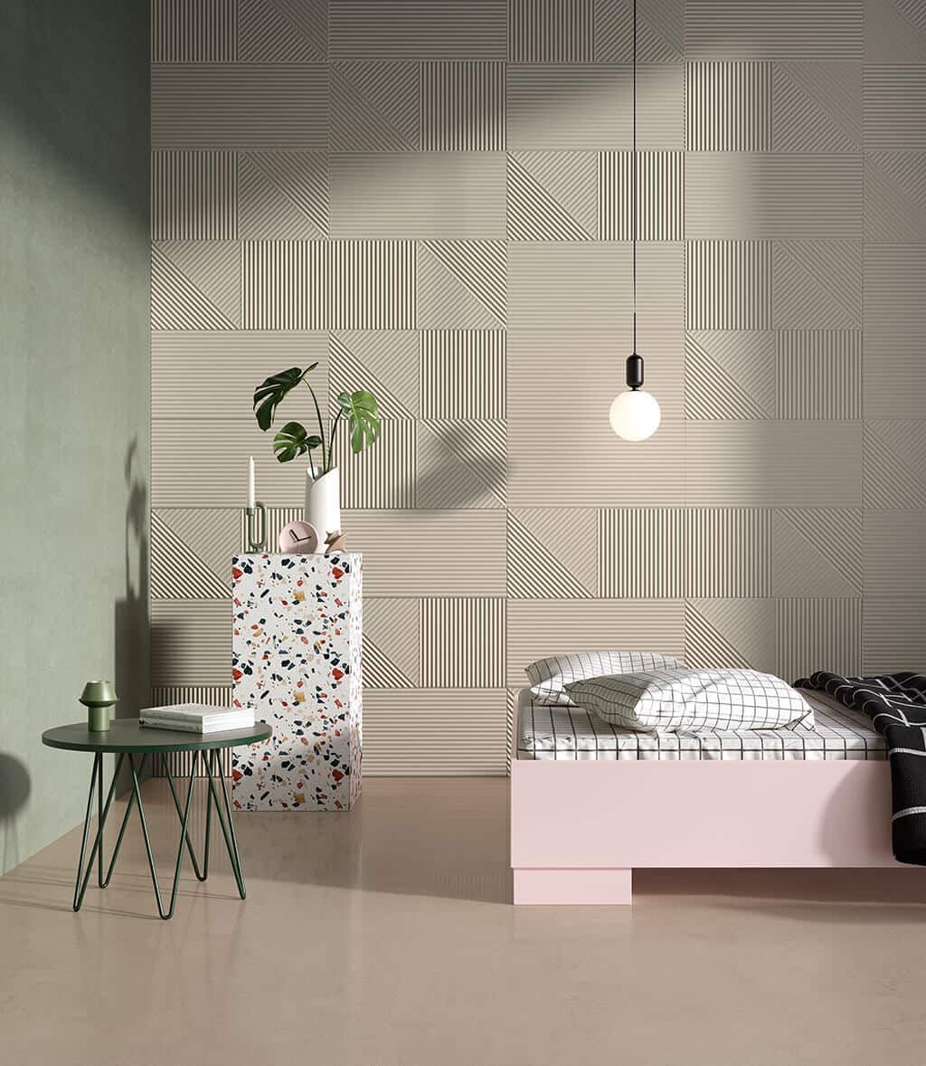 Linea textured wall tiles from European Heritage in a bedroom