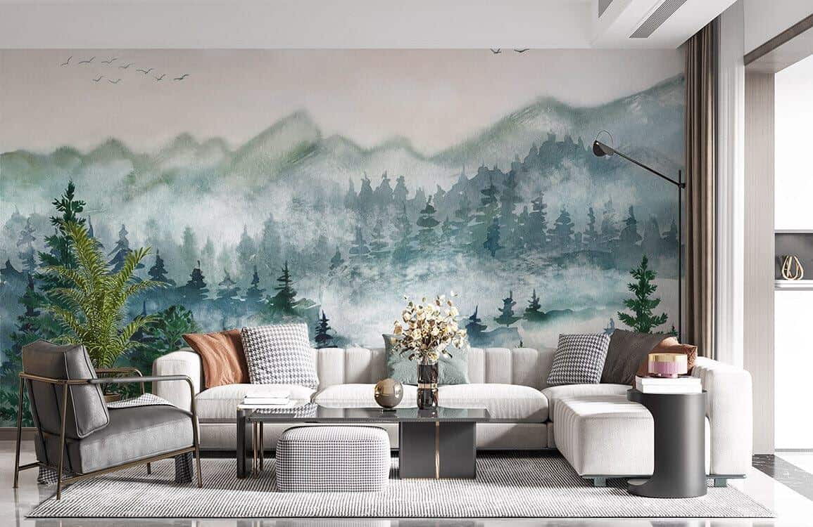 Ever Wallpaper mural of a forest behind a modern white sofa  and a grey stone coffee table