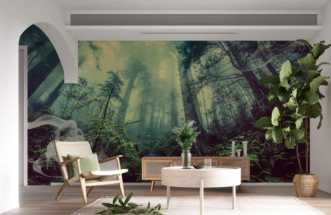 Ever Wallpaper mural of a forest behind a rattan sideboard, a rattan chair and a round wooden coffee table